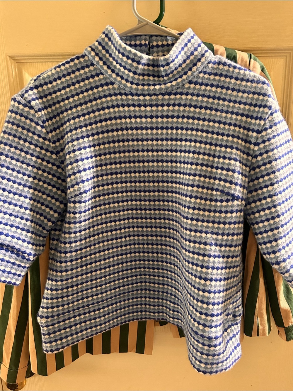 BURU RARE Small Blue Ivory Striped Knit Mockneck Sweater Short Sleeve
